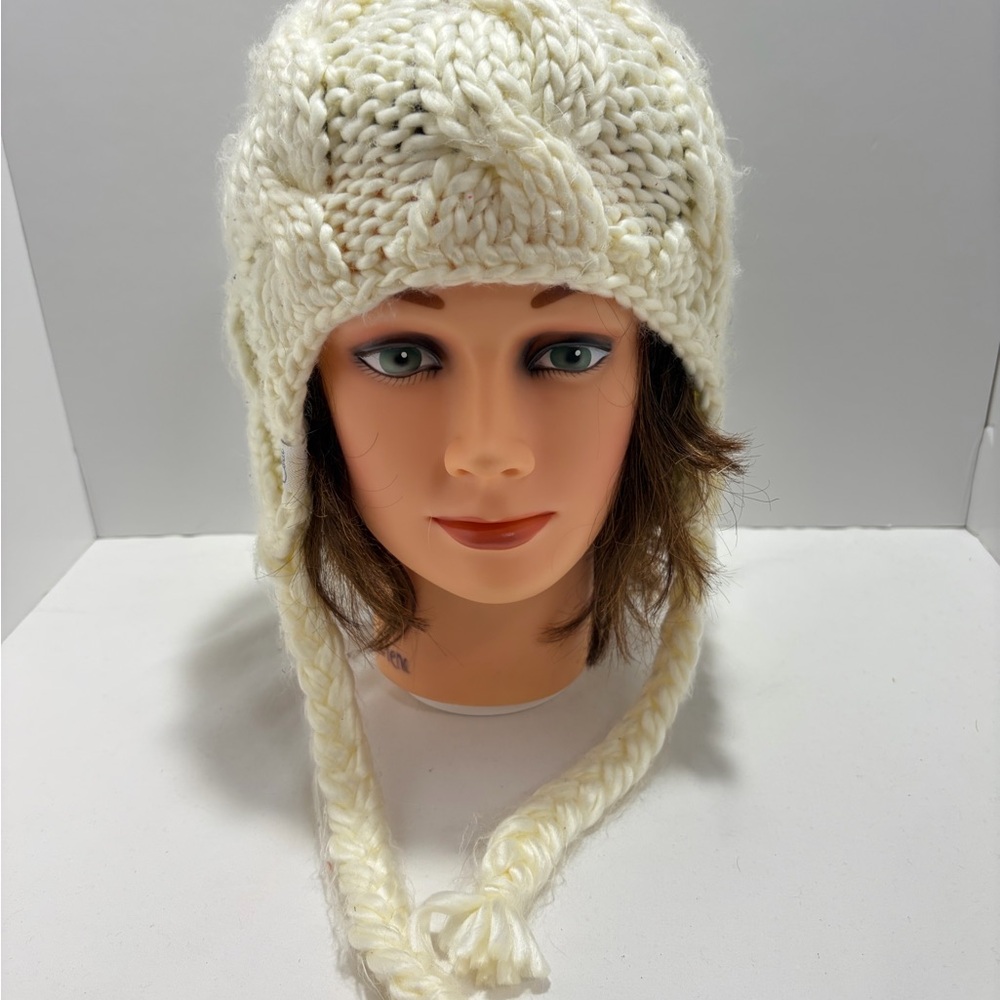 Cozy Cream Cable Knit Earflap Beanie with Braided Ties